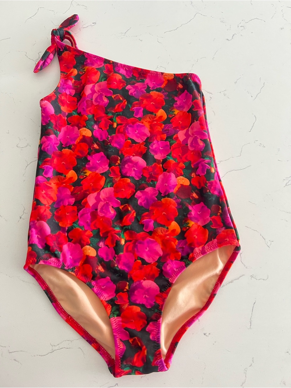 Crewcuts Girl one shoulder Swimsuit pansy floral Size 6-7 NWT
